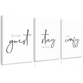Be Our Guest Wall Decor Guest Room Wall Art Decor Stay Awhile Signs for Home Decor Minimalist Wall Art over the Bed Sign Guest Bedroom Wall Decor Canvas Painting 12x16 Inch (set of 3) Ready to Hang