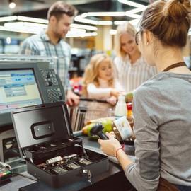 Cash Box with Lock and Money Tray Money Box for Cash Lock Box for Money Petty Cash Box Lockable Large Cash Box with Key Metal 11.8" x 9.4" x 3.54" Black