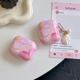 Fycyko Compatible for AirPods Pro 2 Case (2022)/ Airpods Pro 1st Generation(2019) Case Soft TPU with Cleaner Kit Cute Colorful Retro Oil Painting Flower Keychain Cover for Girls Woman- Pink