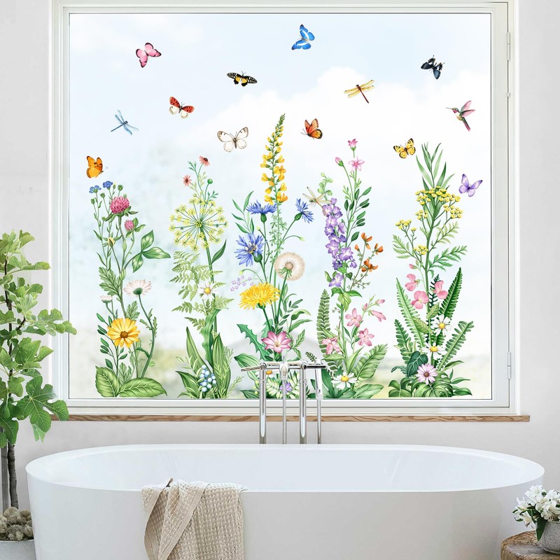 Tanlaby Spring Summer Flower Window Stickers Floral Grass Wildflower Window