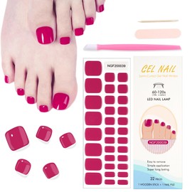 WOKOTO Semi Cured Gel Nail Strips For Toenails, 16 Size 32 Tips Magenta Nail Polish Strips With Nail File & Wooden Stick, Works With Any Lamps, Salon-Quality, Long Lasting, Easy To Apply & Remove