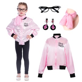 Sincere Party La chaqueta de grasa de mujer rosa vuelve a los años 50 con gafas, bufandas, pendientes, ropa de grasa de niña grande 6-8