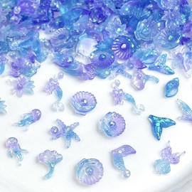 100Pcs Summer Nail Gems and Charms Glow in The Dark Ocean Nail Rhinestones Mermaid Jellyfish Starfish Nail Jewels Cute Marine Life Nail Art Charms for Women Summer Beach Vacation Nail Decoration