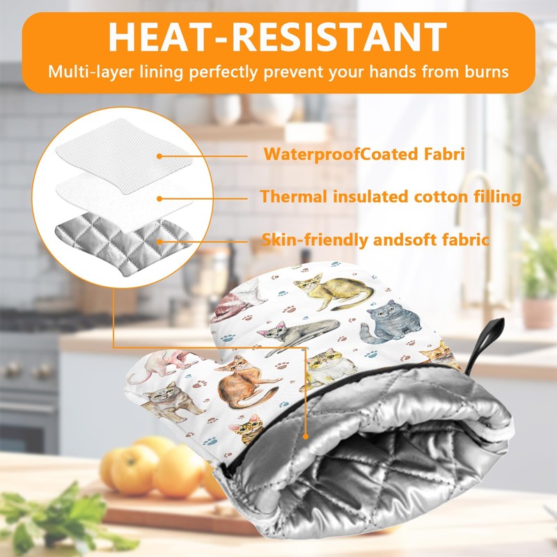Cute Cats Oven Mitts and Pot Holders Sets 4Pcs,Extra Long