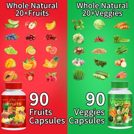 Fruits and Veggies Supplement, 100% Whole Food Supplement with Superfood Fruits - 90 Fruit and 90 Vegetable Capsules - Filled with Vitamins and Minerals - Supports Energy Levels (Pack of 2)