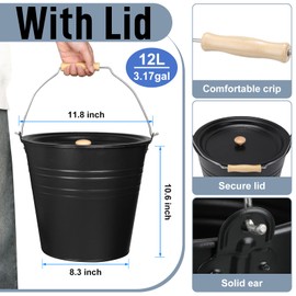 LOYIM 2 Pack Ash Bucket with Lid Fireplace Ash Bucket Black Metal Charcoal Bucket Fireplace Tool ash can for Fireplaces Fire Pits Hearth Wood Burning Stoves Indoor and Outdoor(3.2 Gallon)