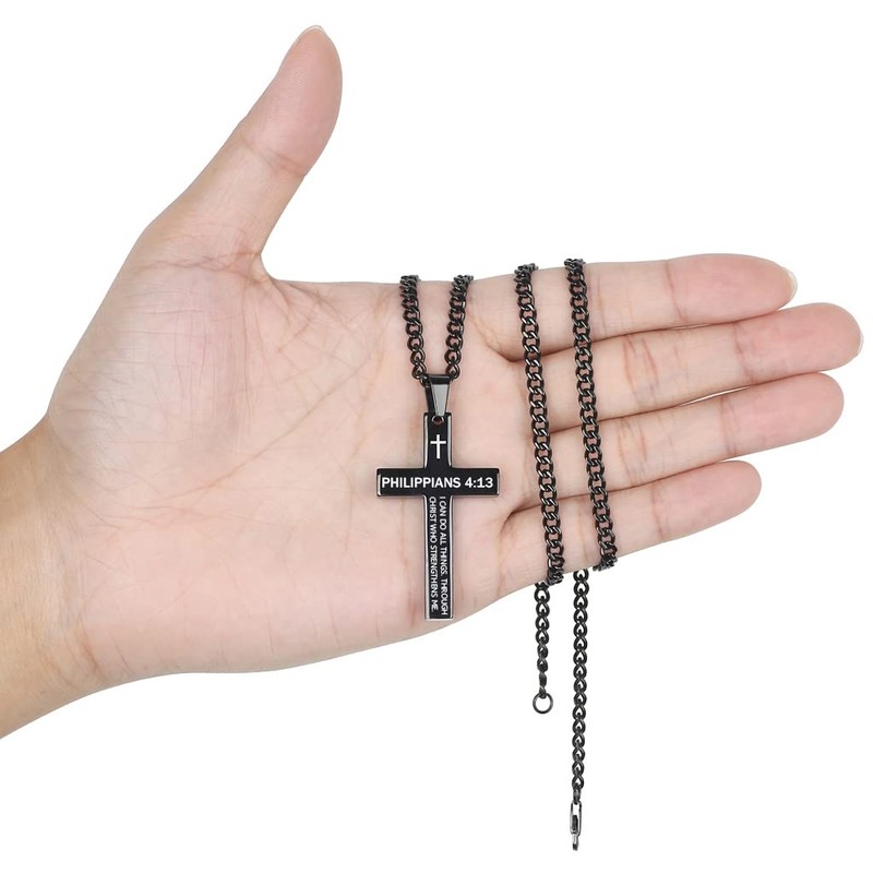 REVEMCN Inspirational Bible Verse Cross Necklace for Men Boys, Stainless