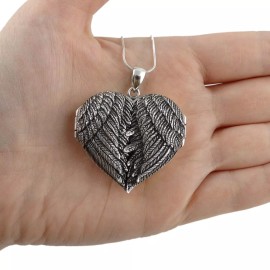 FashionJunkie4Life Large Angel Wings Heart Locket Necklace - 925 Sterling Silver Memorial Gift NEW