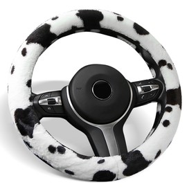 ALEMODR Plush Cow Print Steering Wheel Cover Fluffy Winter Warm Universal 15 inch for Women Girls