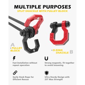 A-BOAR D-Ring Split Shackle with Pulley Block, Towing Winch Snatch Block & 3/4" Split Shackle 2in1 Set, 57320lbs(26T) Breaking Strength, for Recovery, BlackRed