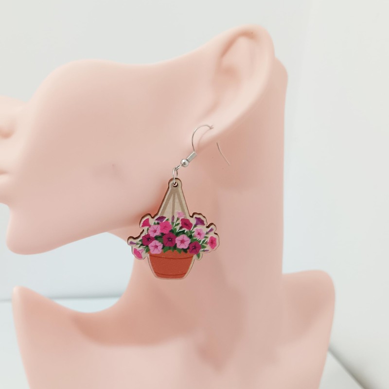 Hanging Plants Flower Petunia Wood Cut Cute Fun Drop Earrings