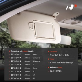 A-Premium Left Driver Side Sun Visor with Mirror - Compatible with Nissan Altima 2013 2014 2015 2016 2017 2018, with Light, with Sliding Sun Visor Extension, Beige, Replaces 96401-3TA2A, 964013TA2A