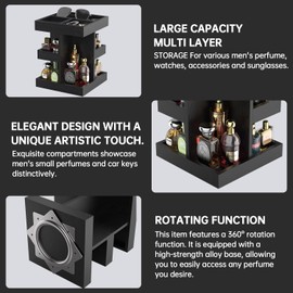 Cologne Organizer for Men Rotating Bathroom Counter Organizer, 3-Tier Solid Wood Storage Caddy, 360-Degree Rotating Stand, Burlywood (Black)