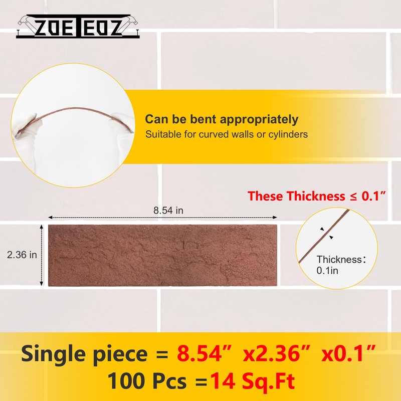 Zoeteoz 100 Pcs Vintage Red Faux Thin Brick 3D Wall