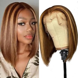 Bob Wig Human Hair Lace Front Human Hair Wigs 13 x 4 Lace Front Wigs Brazilian Straight Bob Wig Human Hair 180% Density Short Bob Wigs for Black Women Highlight Blonde #4/27 Colour (14 Inches)