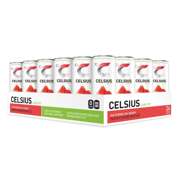 CELSIUS Sweetened with Stevia Watermelon Berry Non-Carbonated Fitness Drink, Zero Sugar, 12oz. Slim Can, 24 Pack