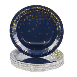 50 Pack Disposable Party Paper Plates,7 inch Metallic Foil Polka Dots Disposable Dessert Party Plates,Deep Blue Gold Paper Plates for Graduation, Birthday, Cocktail Party, Weddings, Holiday,Christmas…