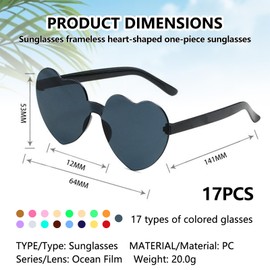 SPORWAY 17 Pairs Rimless Sunglasses in Heart Shape: Frameless Heart Sunglasses, Transparent Candy Coloured Heart Glasses, Party Glasses for Carnival Photo Props for Children and Adults