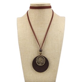 Popeoiuh Leather Necklace for Women Men Gold Alloy Cross Brown Round Wood Pendant Boho Leather Sweater Choker Necklaces with Brown Leather Cord