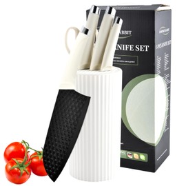 Knife Set with White Universal Block, Compact Knife Set With Scissors, RV Apartments New Home Essentials, Non-Stick Coated Blade, Dishwasher Safe