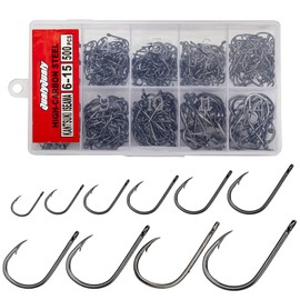 THKFISH Fishing Hooks Set Carbon Steel Fishing Hooks with Eyelet, 500 Pieces Fishing Accessories Set Fishing Hooks with Plastic Box 6# -15# 10 Sizes