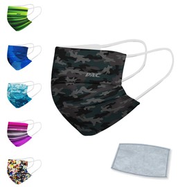P.A.C. Premium Community Mask + Pack of 5 Activated Carbon Filters, Mouth & Nose Mask, Everyday Face Covering, with Activated Carbon Filter, Washable up to 90°, Nose Clip and Filter Bag, Reusable - Camouflage ash + filter.