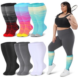 6 Pairs Socks Plus Size for Women and Mens Knee Extra High Sports Running Stocking Grade Ladies Support Running Travel Essentials Accessories Multi Red Black Stripe