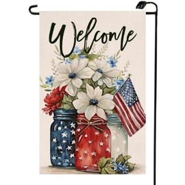 Independence Day Floral Mason Jar Garden Flag 12x18 Double Sided Burlap Patriotic Flowers Red Blue 4th of July Memorial Day Holiday Outside Yard Decoration MG03
