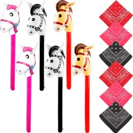 Octaday 12 Pack Inflatable Stick Horse and Paisley Bandanas Blow Up Horse Head Stick Inflatable Stick for Cowboy Party (Color Set 2)