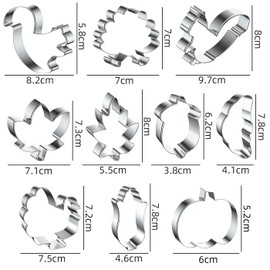 Set of 10 Autumn Cookie Cutters, Stainless Steel Fondant Thanksgiving Cookie Cutters, Pumpkin, Turkey, Maple Leaf, Squirrel, Oak Leaf, Thanksgiving Cookie Cutter (Autumn)