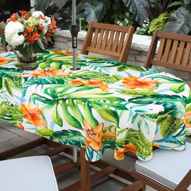 bnhjsdw Tropical Leaves Outdoor Tablecloth with Umbrella Hole for Oval Table, Waterproof Green Leaf Patio Table Cloth with Zipper - 52 x 70 inches