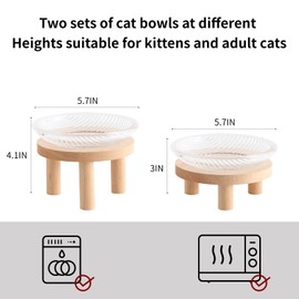 Raised Whisker Fatigue Cat Bowl. Glass Cat Bowls Elevated with Wooden Legs in 2 Heights. Protect The Spine and Prevent Vomiting. 2PCS. KGCCIZI