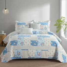 DDUOXIN Oversized Queen Quilt (102"x120") - 100% Cotton Reversible Quilted Bedspread with 2 Pillow Shams, Farmhouse Floral Lightweight Bedspreads Coverlet Sets, Blue/Cream White