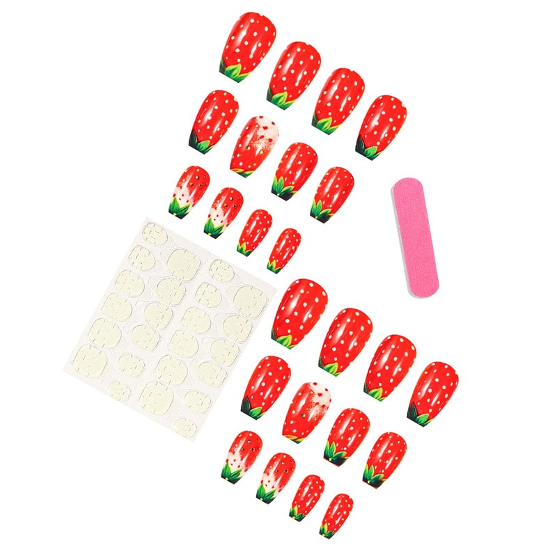 Strawberry Press on Nails Short Coffin Fake Nails Glossy Acrylic
