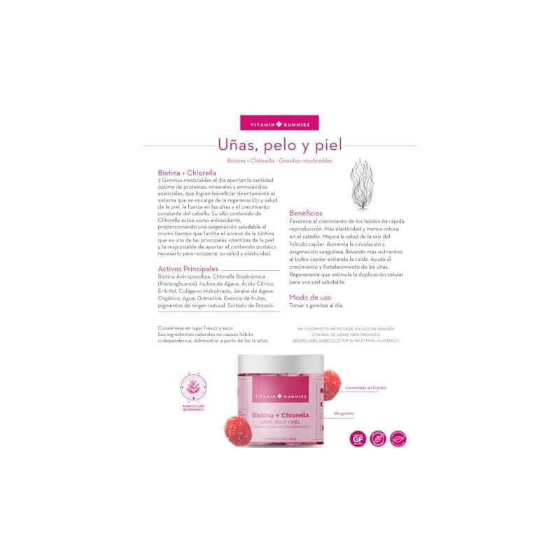 Gomitas de Biotina y Chlorella, Suplemento para Cabello, Uñas y