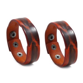 Modixun 2PCS Vintage Leather Bracelet, Adjustable Snap Button Leather Cuff Bracelet, Leather Wristband Leather Bangle for Men Women, Orange-Brown