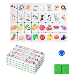 GRACIAS 4 Players Mahjong Block Set, 128 Green Tiles(1.18”) with Animal and Food Pattern, Portable Mahjong Set with A Carry Bag, Mahjong Tile Game