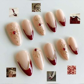 24Pcs Gold Flower Press on Nails Medium Almond False Nails Red French Tip Fake Nails with 3D Retro Floral Rhinestone Design Spring Pink Nude Glue on Nails Gold Edge Embossed Stick on Nail for Women