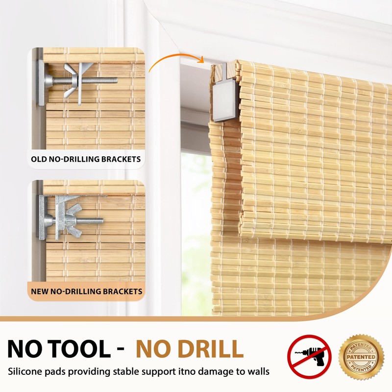 LazBlinds No Tools No Drill Cordless Bamboo Roman Shades, Privacy