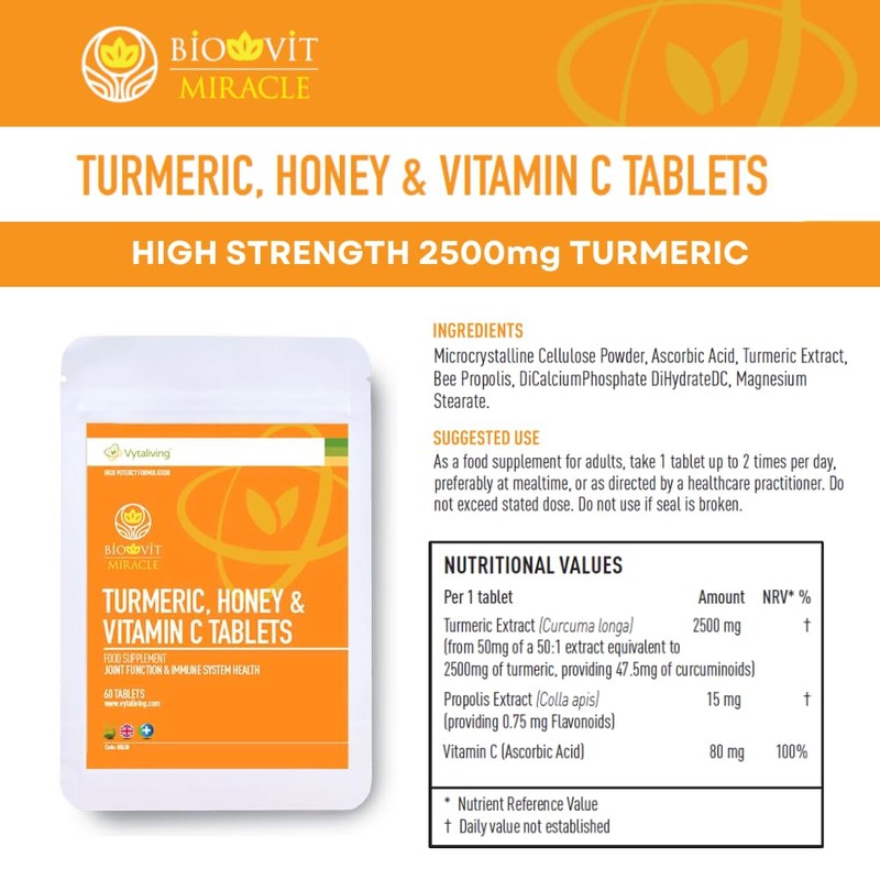VYTALIVING 2500mg High Strength Turmeric Tablets with Honey & Vitamin