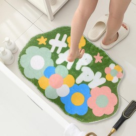 FOSDICK Bath Mat 40 * 60cm, Green Bath Mat Flower Rug Foot Mat, Super Absorbent Bath Mat Soft Floor Mat for Shower Bathroom Floor, Washable Dry Bath Rug for Shower, Small Bath Mat, Green