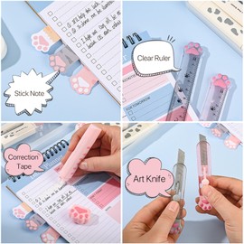 VANANA 9 Pcs Cute Cat Paw Stationery Set Pencil Sharpener Retractable Eraser Correction Tape Sticky Notes Ruler Mini Scissors Utility Cutter School Office Supplies(Pink)