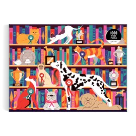 Galison Best in Show – Michael Driver 1000 Piece Puzzle Featuring A Witty Shelfie of Felines and Canines Sharing Trophies and Books