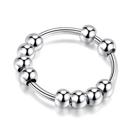 LOVECOM 925 Sterling Silver Fidget Ring Anti Anxiety Ring With Beads Stress Relief Spinner Ring For Women Men Releases Anxiety Spinning Rotate Stacking Knuckle Ring Jewelry Gifts