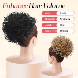 Sidaila Messy Bun Hair Piece Curly Bun Hair Pieces for Women Drawstring Ponytail Loose Wavy Hair Buns Hair Piece Short Ponytail Extension Tousled Fake Hair Bun for Black Women - Black Mix Brown Ombre