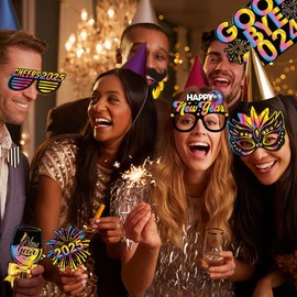 2025 New Year Photo Booth Props 30 Pcs Laser Colorful Funny New Years Party Decoration Photo Props for New Years Eve Party Supplies NYE Party Favors