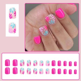 RIICFDD Spring Press on Nails Short Square Fake Nails Rose Pink Glossy False Nails White Wave Point Glue on Nails Full Cover Spring Summer Floral Acrylic Nails Stick on Nails for Women 24 Pcs