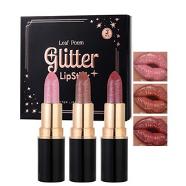 3PCS Metallic Glitter Lipstick Matte Long Lasting Nude Pink Lip Gloss for Women,Shimmer Diamond Sparkling Shiny Lip Stick Waterproof Lipgloss Lipstick,High Pigmented Tinted Red Color Lipstain Makeup-A