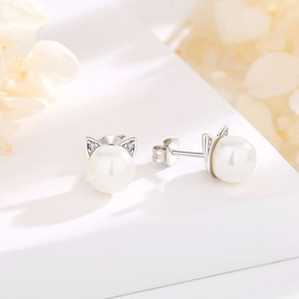 EUDORA Harmony Ball Cat Stud Earrings for Women Girls, 925 Sterling Silver Dainty Freshwater Pearl Kitten Ear Jewelry Gift for Daughter Sister Kids Cat Lovers