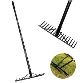 Heavy Duty Bow Rake with Stainless Steel Handle for Farming Land Management Leaf Gathering Durable Ergonomic Garden Tool with 16 Tine Head 63 Inch Assemble Long Shaft Suitable for Large Areas